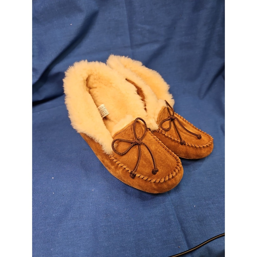 UGG Alena Chestnut Suede Leather Sheepskin Cuff Moccasins Slippers Size 8